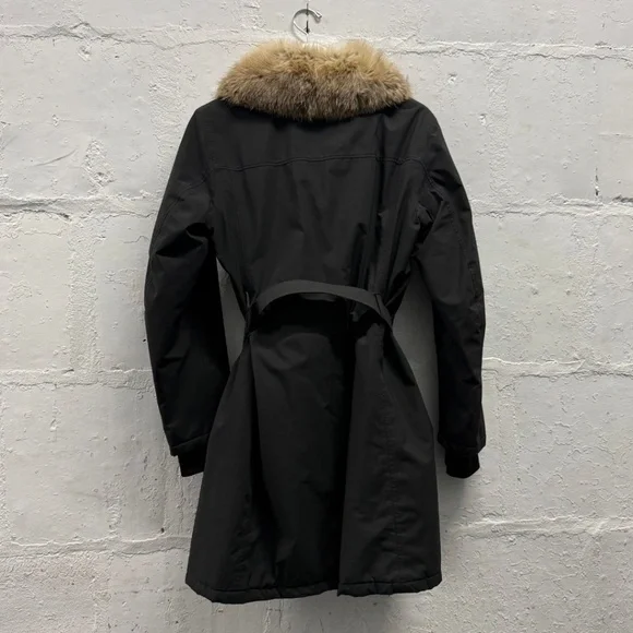 PRADA BLACK GORE-TEX BODY FOX FUR COLLAR WITH LOGO BELT COAT